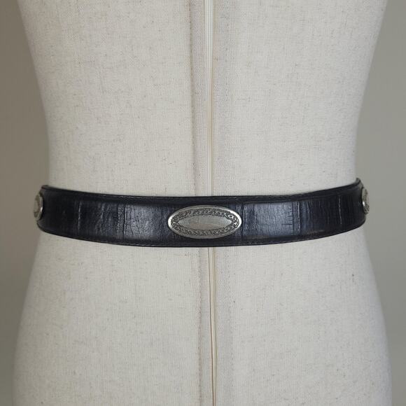Black Leather Belt Medium Western Silver Concho Cowgirl Rodeo Boho Etched Patina - Picture 4 of 6